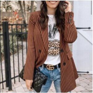 Becca Tilley x Bar III Blazer Suit Jacket Coat Gingham Plaid Brown Black Size XL